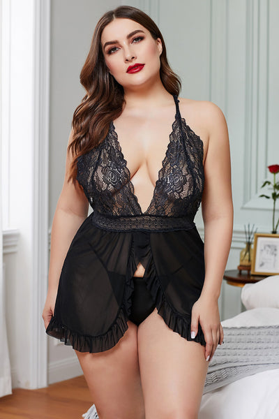 Sexy Mesh Lace Stitched Plus Size Lingerie Set